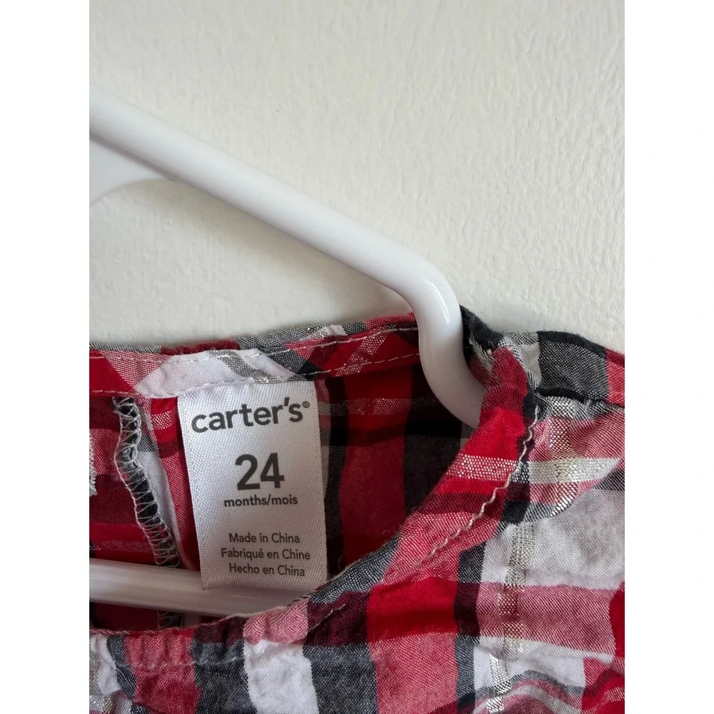 Carter's Baby Girls Red Black Plaid Holiday Top Silver Metallic Stripe 24 Months
